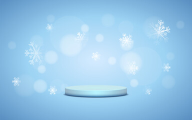 product podium display 3d blue Empty Cylinder circle and snowflakes in blue color background