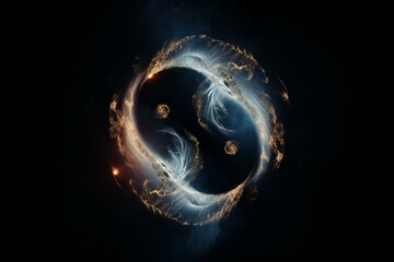 A yin yang symbol depicting twin flames set against a space background on black. Generative AI