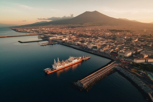 Aerial view of Naples harbor at dawn with Mt. Vesuvius in the background. Generative AI