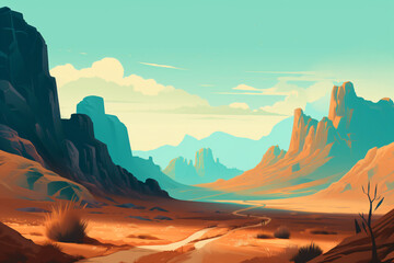 Fototapeta na wymiar A desert landscape with majestic mountains in the distance flat design vector style illustration Generative Ai