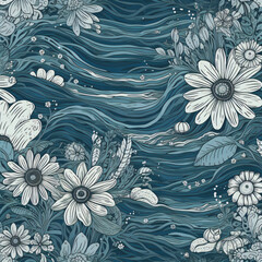 Flowers and waves on a blue background flat design vector style illustration Generative Ai
