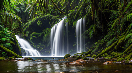Waterfall in Rainforest, Nature, Park, Mountain, Generative Ai.