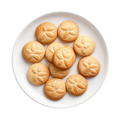Almond Cookies On White Plate, Directly Above View On Isolated Transparent Background, Png. Generative AI