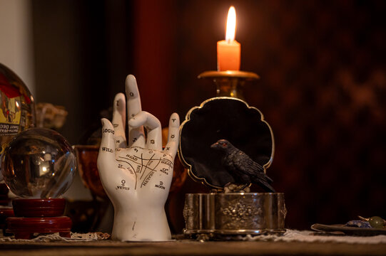 Alchemy Palmistry hand model for fortune telling palm reading and other magical items in candlelight
