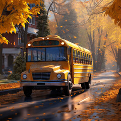 Obraz premium School bus rides down the street in autumn. AI generated