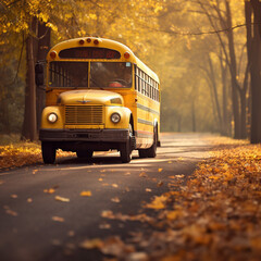 Obraz premium School bus rides down the street in autumn. AI generated