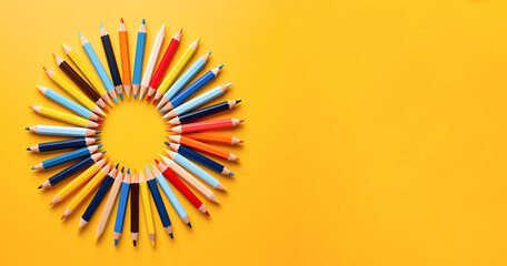 Obraz premium A yellow banner on the left side with colored pencils placed in a circle.copy space for text AI generated