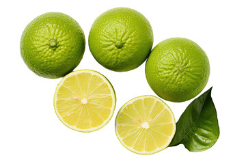 A transparent background showcases a half-sliced bergamot fruit. The image is taken from above, portraying a flat lay perspective. - obrazy, fototapety, plakaty