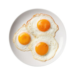 Fried Eggs On White Plate, Directly Above View On Isolated Transparent Background, Png. Generative AI