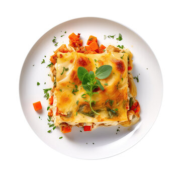 Harvest Vegetable Lasagna On White Plate, Directly Above View On Isolated Transparent Background, Png. Generative AI