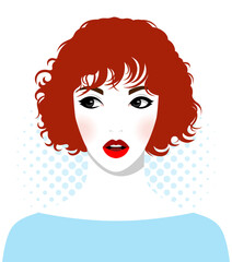 1397_Young redhead woman with fresh pink cheeks and wavy short hair against dotted background