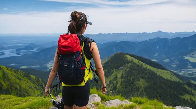 Rear view of female hiker with backpack looking out over a landscape.