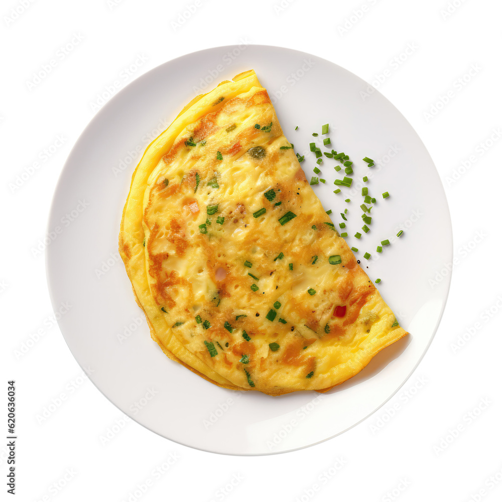 Poster Omelette On White Plate, Directly Above View On Isolated Transparent Background, Png. Generative AI