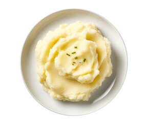 Mashed Potatoes On White Plate, Directly Above View On Isolated Transparent Background, Png. Generative AI