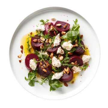 Roasted Beet And Goat Cheese Salad On White Plate, Directly Above View On Isolated Transparent Background, Png. Generative AI