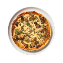 Truffle Quiche On White Plate, Directly Above View On Isolated Transparent Background, Png. Generative AI