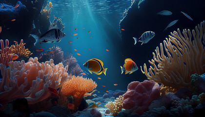 Fototapeta na wymiar coral reef and fish. Coral reef with many fish swimming underwater Ai generated image