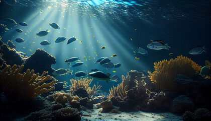 Fototapeta na wymiar coral reef and fishes. Coral reef with many fish swimming underwater Ai generated image