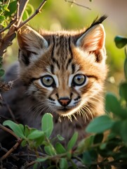 Naklejka na ściany i meble close-up of a baby bobcat peering curiously from behind a bush, created with generative ai