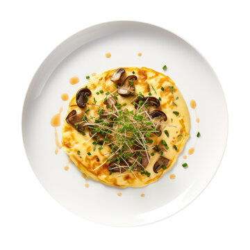 Truffle Omelette On White Plate, Directly Above View On Isolated Transparent Background, Png. Generative AI