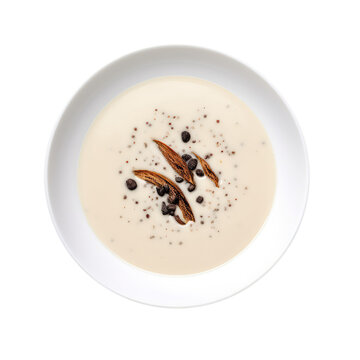 Truffle Soup On White Plate, Directly Above View On Isolated Transparent Background, Png. Generative AI