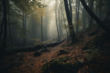 Cinematic spooky ambience of a forest captured from a low angle. Generative AI