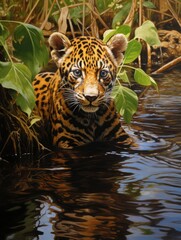 jaguar cub paddling cautiously in a vibrant amazon river, created with generative ai