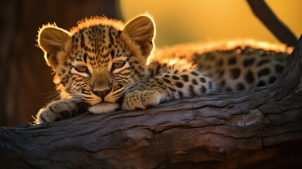 leopard cub dozing off on a tree branch, created with generative ai