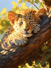 leopard cub sleeping peacefully in the crook of a tree branch, created with generative ai