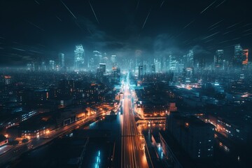 Fototapeta na wymiar Advanced urban infrastructure in a futuristic nighttime metropolis illuminated by blue neon lights. Generative AI