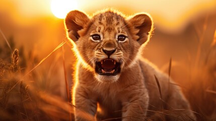 lion cub in the african savannah learning to roar, created with generative ai