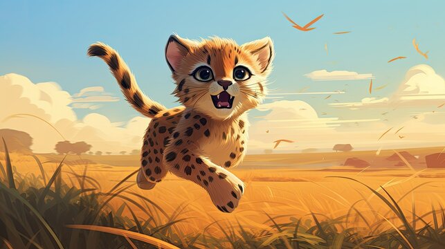 illustration of a cheetah kitten captured mid-run, created with generative ai
