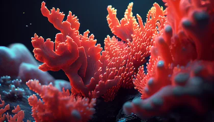 Schilderijen op glas red sea anemone. Close up of a red coral reef under the sea Ai generated image © PixxStudio