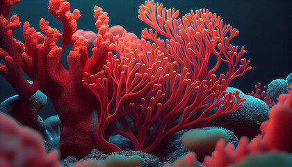 Naklejka na ściany i meble coral reef in aquarium. Close up of a red coral reef under the sea Ai generated image