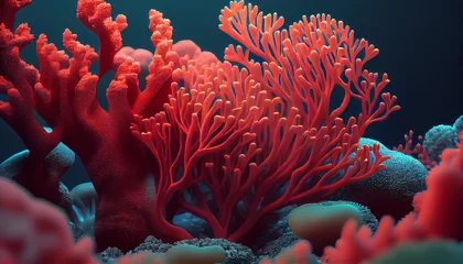 Poster coral reef in aquarium. Close up of a red coral reef under the sea Ai generated image © PixxStudio