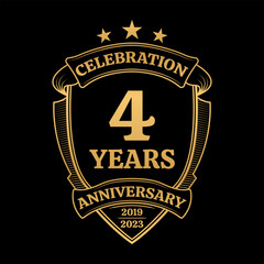 4 year anniversary icon or logo. 4th jubilee celebration, business company birthday badge or label. Vintage banner with shield and ribbon. Wedding, invitation design element. Vector illustration.