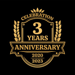 3 years anniversary icon or logo. Vintage birthday banner design. 3rd anniversary jubilee celebration badge or label. Vector illustration.