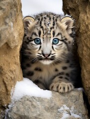 Fototapeta premium snow leopard kitten peeking curiously from behind a snow covered rock, created with generative ai