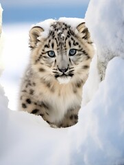 Obraz premium snow leopard kitten peering curiously from behind a snow pile, created with generative ai