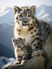 snow leopard kitten enjoying a playful moment with its mother, created with generative ai