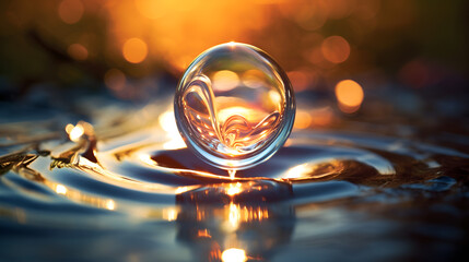 Abstract splash water drop create circular waves with beautiful light, transparent raindrop falling. 