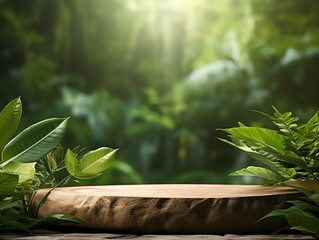 Blurred green nature background with wooden table for mockup or product display, table platform with customizable space on table top for editing.
