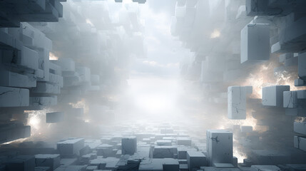 Abstract cube panoramic background, cluttered cubes with space for text, 3d cubes soar on white space.