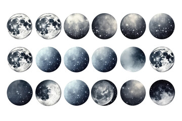 Set Stickers On White Background Lunar Phases Series Of Stickers Representing The Different Phases Of The Moon. Generative AI