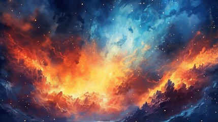 Abstract fire oil painting illustration. Flames of a bonfire against Beautiful night starry sky, Blue Cosmos, galaxy, stars Generative AI