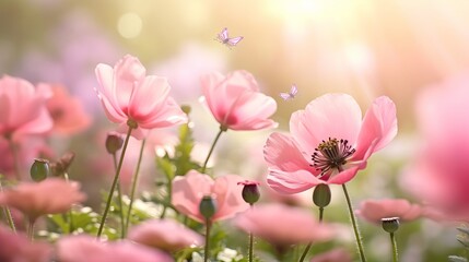 Beautiful pink flower anemones fresh spring morning on nature and fluttering butterfly on soft green background Generative AI