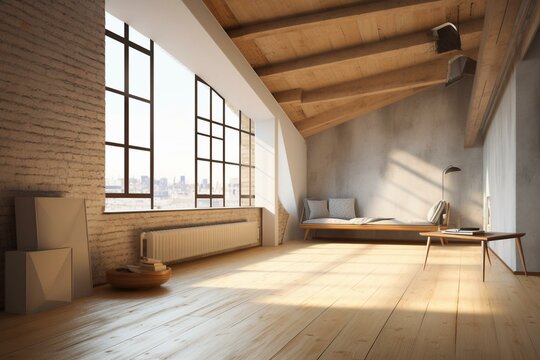 Empty sunny loft with mockup wall. 3D rendered interior. Generative AI