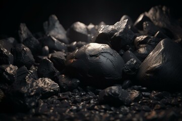 Dark rocks on dark base. Coal macro. 3D rendering. Generative AI