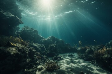 Fototapeta na wymiar Underwater view of ocean floor. Generative AI