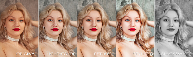 Collage edit photo face of pretty woman model before after processing in photo editor. Set of...